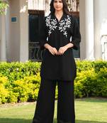 Black embroidered viscose georgette straight cut kurta culottes set