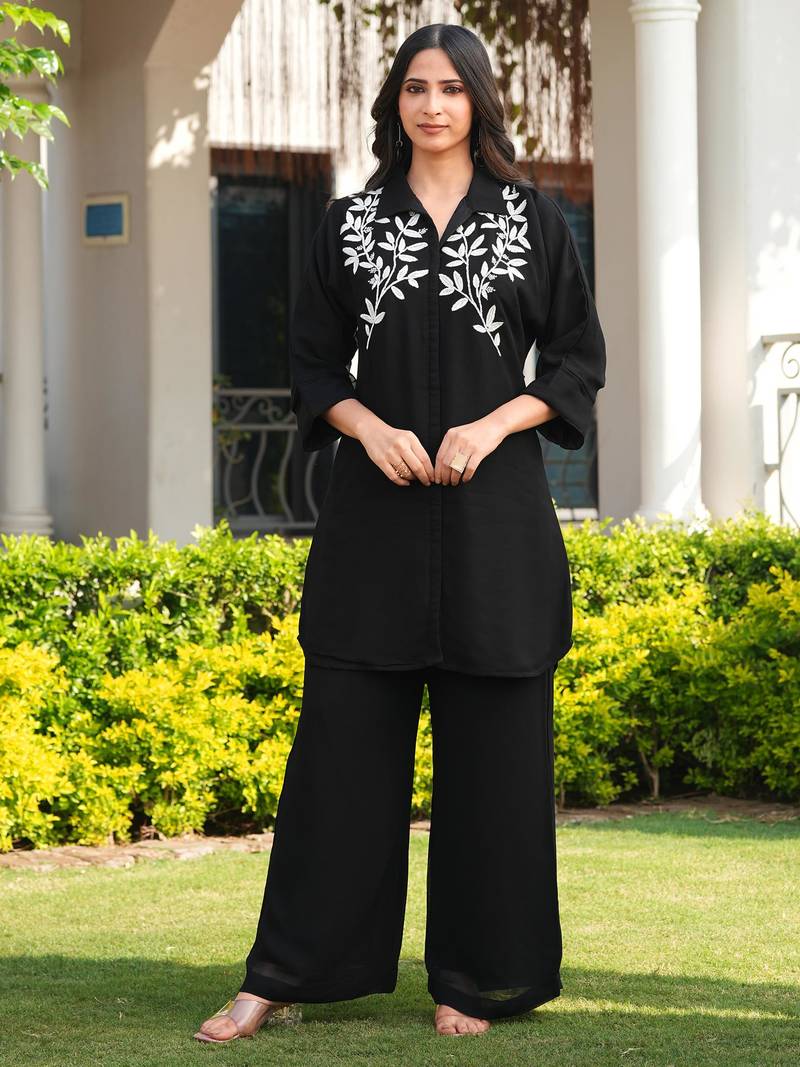 Black embroidered viscose georgette straight cut kurta culottes set