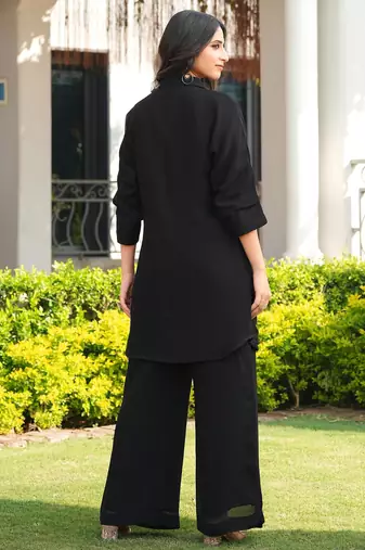Black embroidered viscose georgette straight cut kurta culottes set