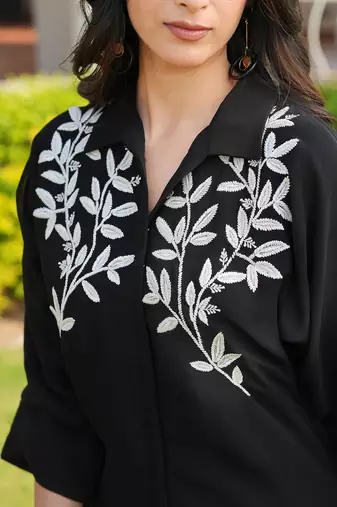 Black embroidered viscose georgette straight cut kurta culottes set