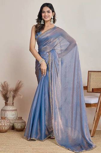 Light Blue Color Fendy Chiffon Saree With Running Blouse