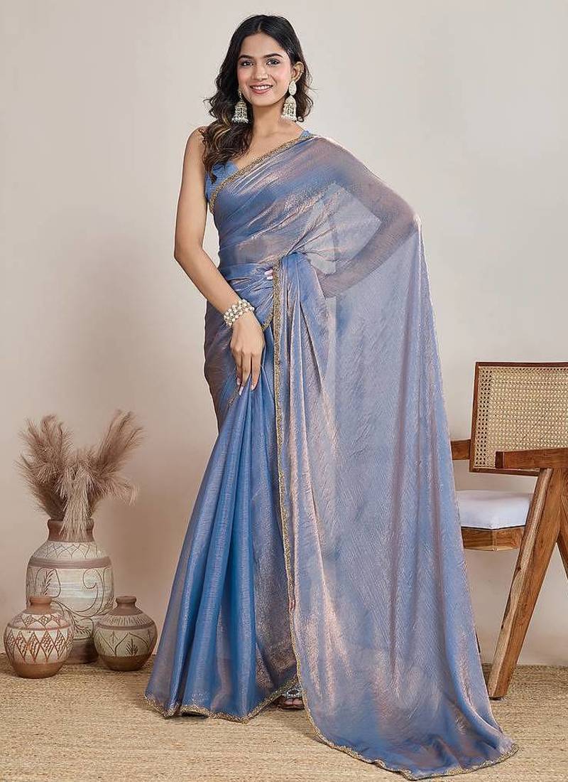 Light Blue Color Fendy Chiffon Saree With Running Blouse