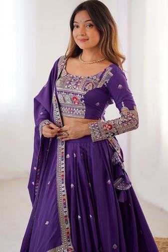 Purple Silk Coding Dori Sequin Embroidery Work Lehenga Choli With Dupatta