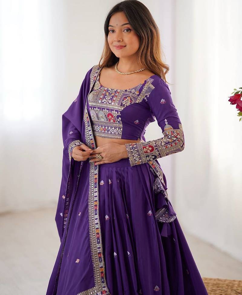 Purple Silk Coding Dori Sequin Embroidery Work Lehenga Choli With Dupatta