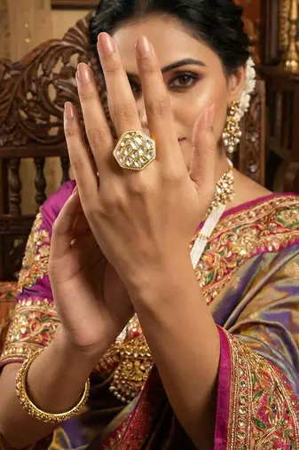 Classic kundan finger ring in high gold finish adjustable