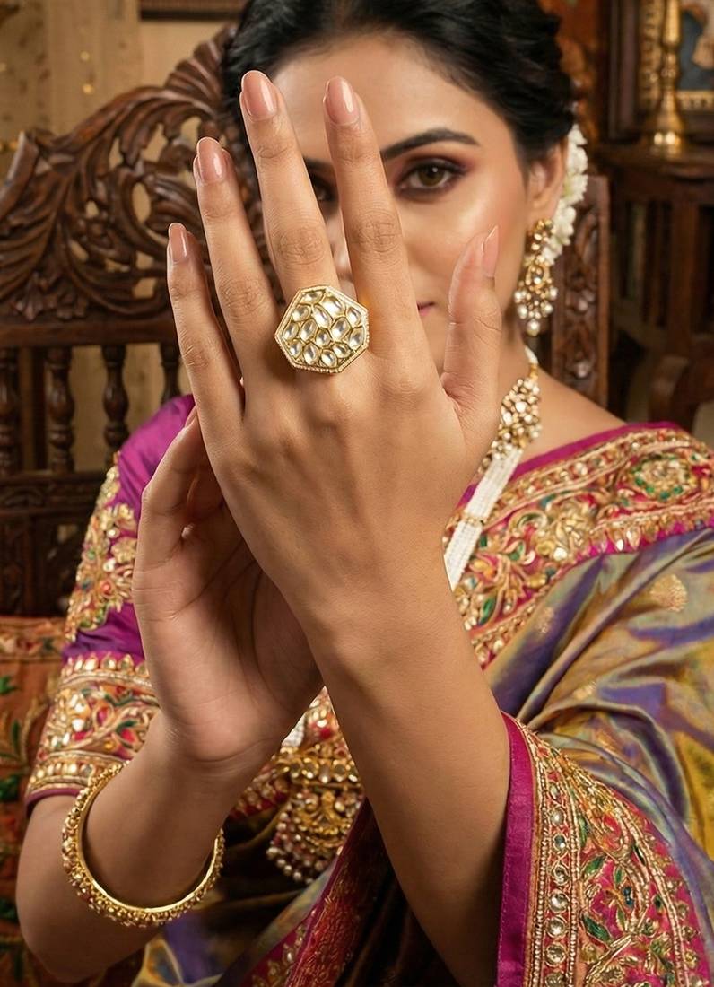 Classic kundan finger ring in high gold finish adjustable