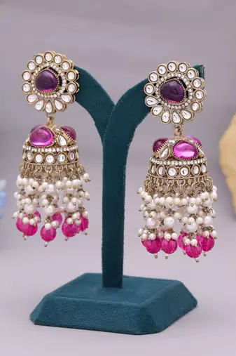 Rani color kundan earrings