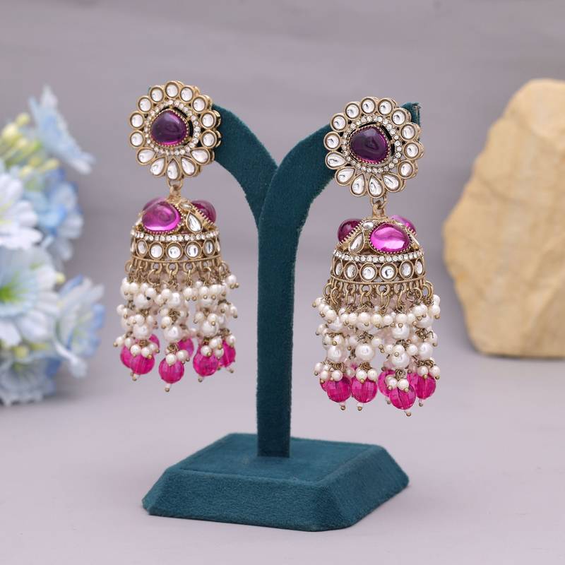 Rani color kundan earrings