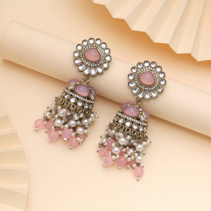 Pink color kundan earrings