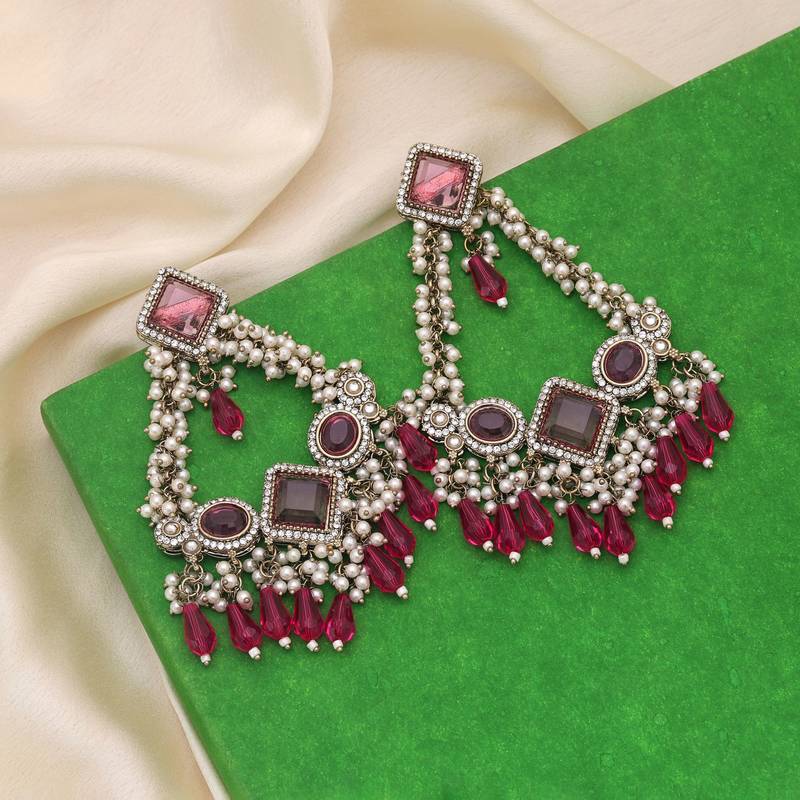 Rani color kundan earrings
