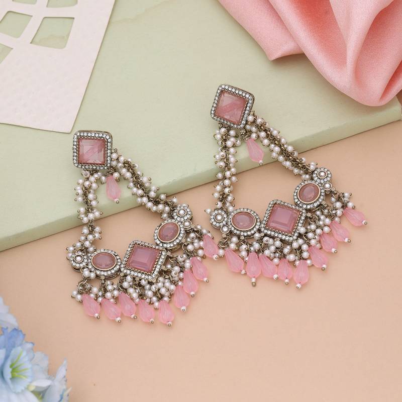 Pink color kundan earrings