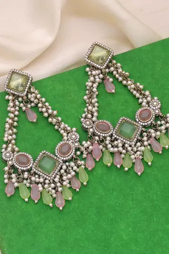 Pink & pista green color kundan earrings