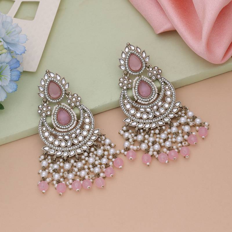 Pink color kundan earrings