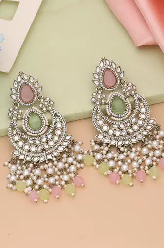 Pink & pista green color kundan earrings