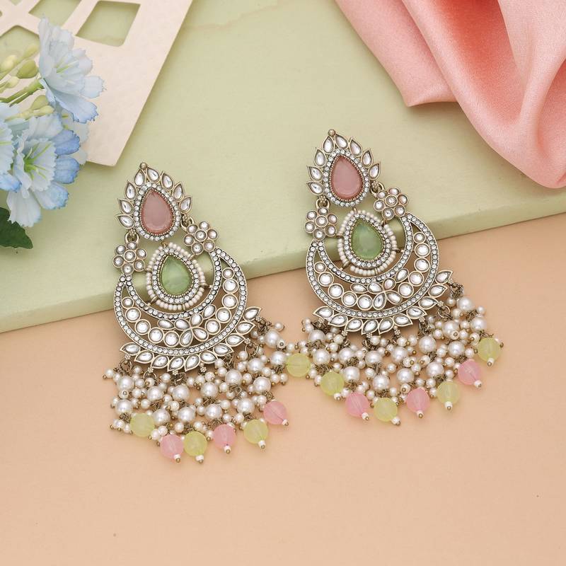 Pink & pista green color kundan earrings