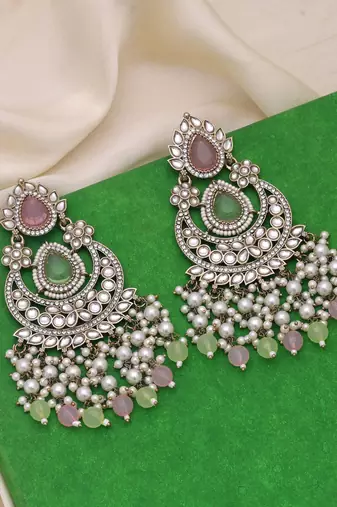 Pink & pista green color kundan earrings