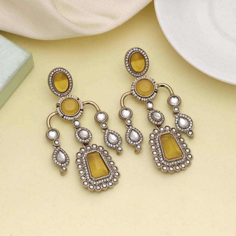 Yellow color kundan earrings