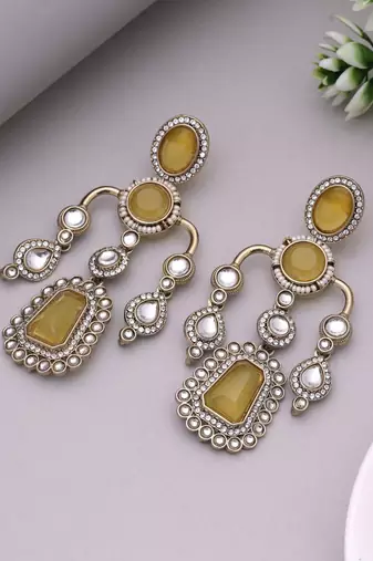 Yellow color kundan earrings