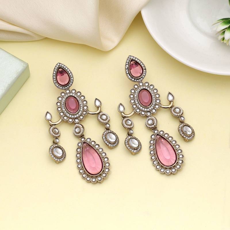 Magenta color kundan earrings