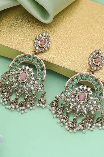 Pink & pista green color kundan earrings