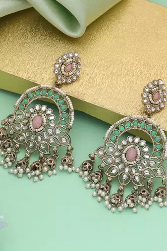 Pink & pista green color kundan earrings