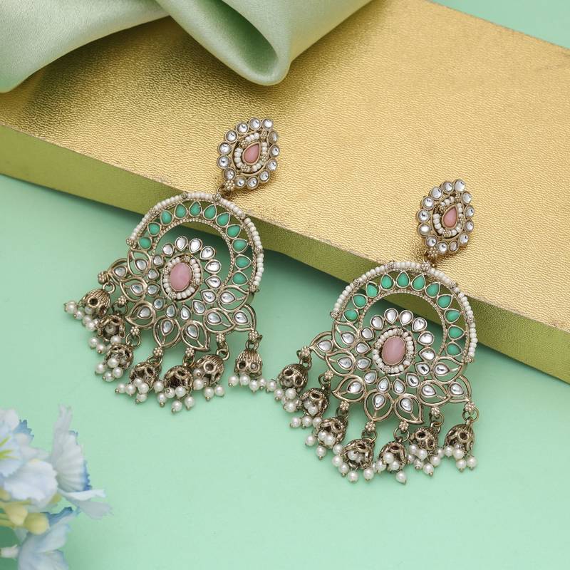 Pink & pista green color kundan earrings