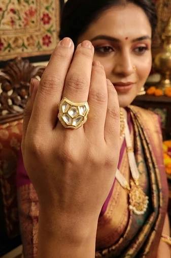 Traditional kundan finger ring with multi center stone high gold finish for women and girls