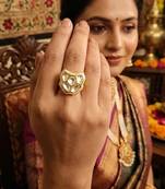 Traditional kundan finger ring with multi center stone high gold finish for women and girls