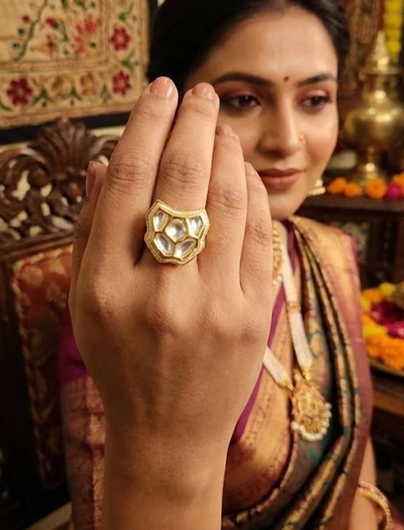 Traditional kundan finger ring with multi center stone high gold finish for women and girls