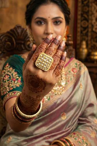 Square kundan finger ring high gold finish with multi stone center for women and girls