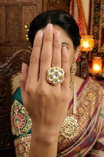 Floral kundan finger ring with multi center stone high gold finish for women and girls