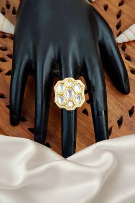 Floral kundan finger ring with multi center stone high gold finish for women and girls 2