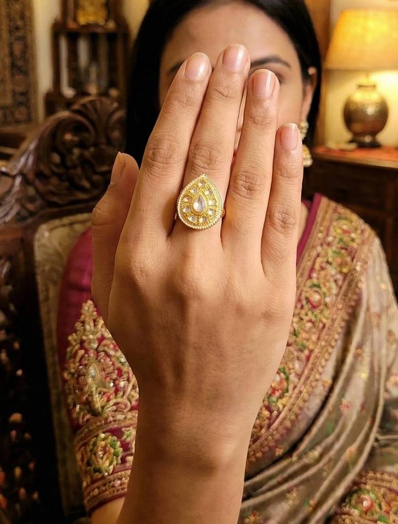 Elegant high gold kundan finger ring festive wear for women and girls