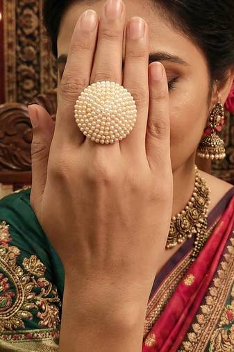 High gold polish fancy design clustered pearl designer antique finger ring for women and girls