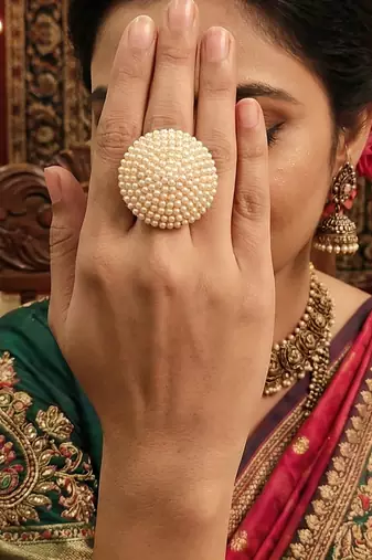 High gold polish fancy design clustered pearl designer antique finger ring for women and girls