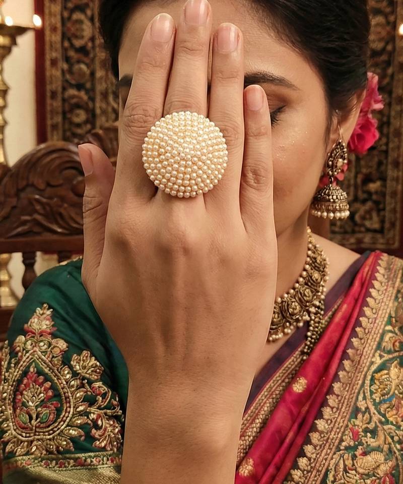 High gold polish fancy design clustered pearl designer antique finger ring for women and girls