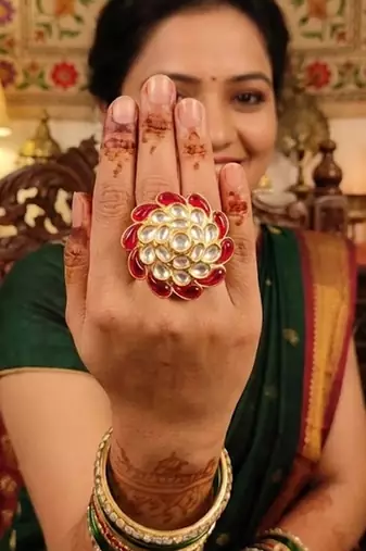 Beautiful fancy style high gold polish party wear kundan finger ring for women and girls