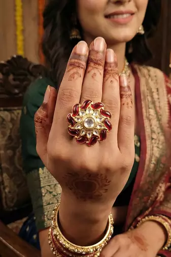 Fancy beautiful glass beads designer high gold polish kundan finger ring for women and girls