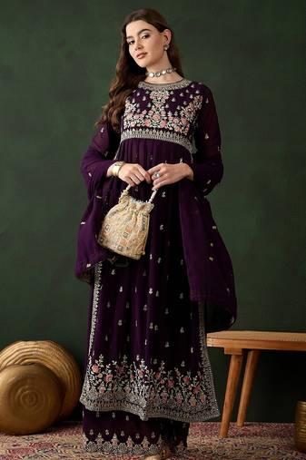 Saahmriga embroidered purple faux georgette round neck regular sleeve kurta palazzo sets