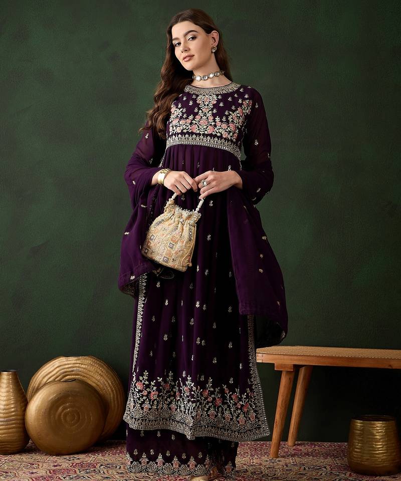Saahmriga embroidered purple faux georgette round neck regular sleeve kurta palazzo sets