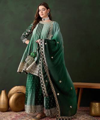Saahmriga embroidered green chinon round neck regular sleeve kurta palazzo sets 1