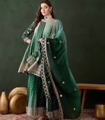 Saahmriga embroidered green chinon round neck regular sleeve kurta palazzo sets