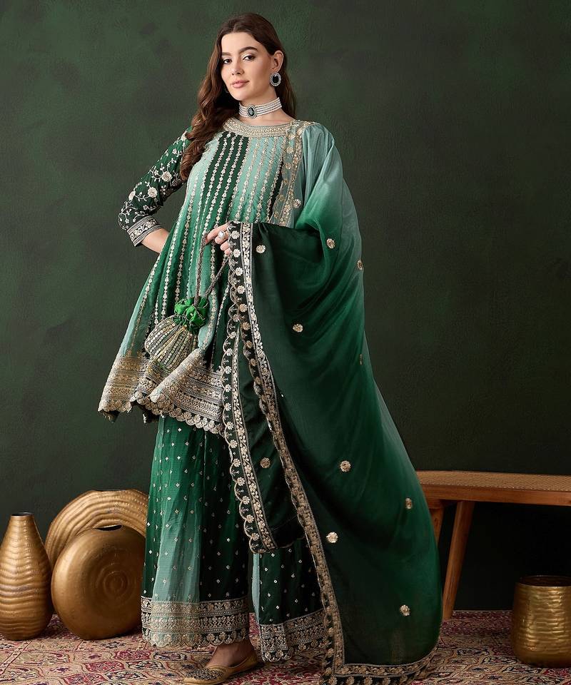 Saahmriga embroidered green chinon round neck regular sleeve kurta palazzo sets