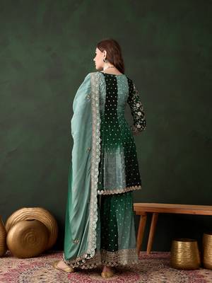 Saahmriga embroidered green chinon round neck regular sleeve kurta palazzo sets 2