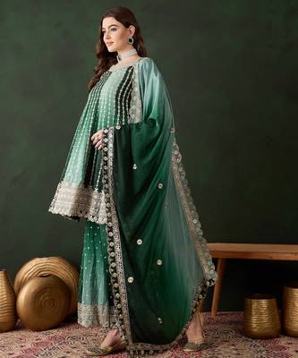 Saahmriga embroidered green chinon round neck regular sleeve kurta palazzo sets 3