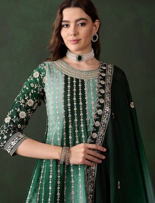 Saahmriga embroidered green chinon round neck regular sleeve kurta palazzo sets 4