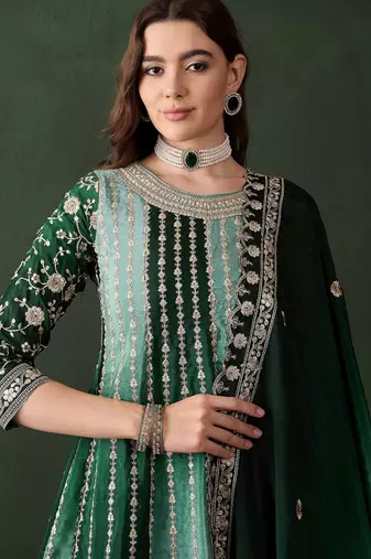 Saahmriga embroidered green chinon round neck regular sleeve kurta palazzo sets