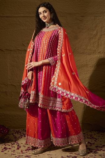 Saahmriga embroidered orange chinon round neck regular sleeve kurta palazzo sets