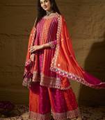 Saahmriga embroidered orange chinon round neck regular sleeve kurta palazzo sets