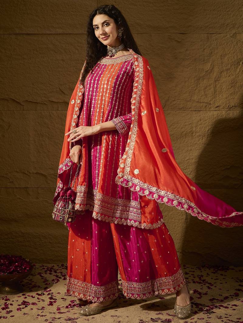 Saahmriga embroidered orange chinon round neck regular sleeve kurta palazzo sets